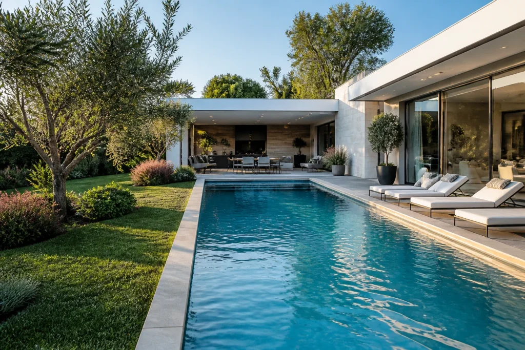Piscine rectangulaire harmonieusement intégrée à l’architecture contemporaine de la maison