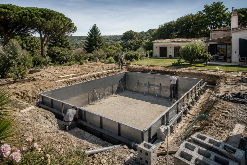 Construction d’une piscine dans un jardin avec bassin en cours de réalisation