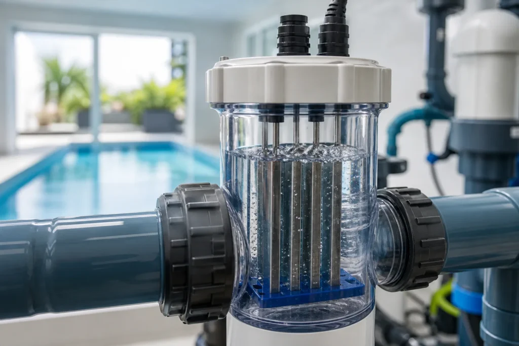 Cellule d’électrolyseur au sel installée sur le circuit de filtration d’une piscine