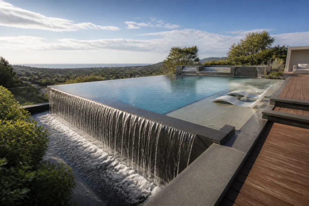 Piscine à débordement en cascade avec spa intégré, plage immergée et vue dégagée sur l’horizon
