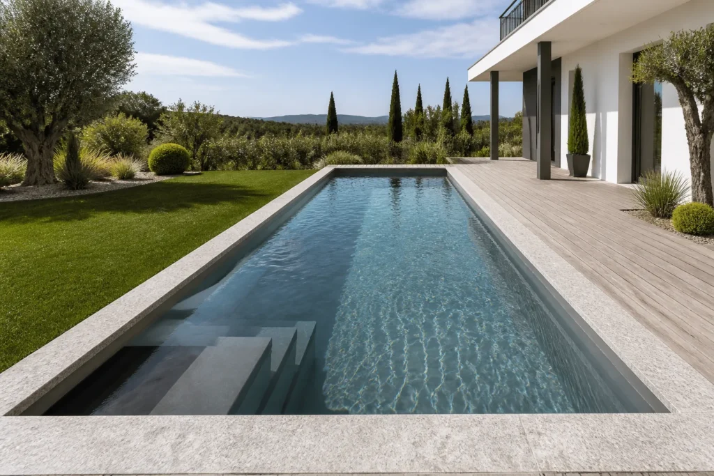 Piscine rectangulaire avec revêtement de piscine bicolore gris clair et gris foncé effet ardoise