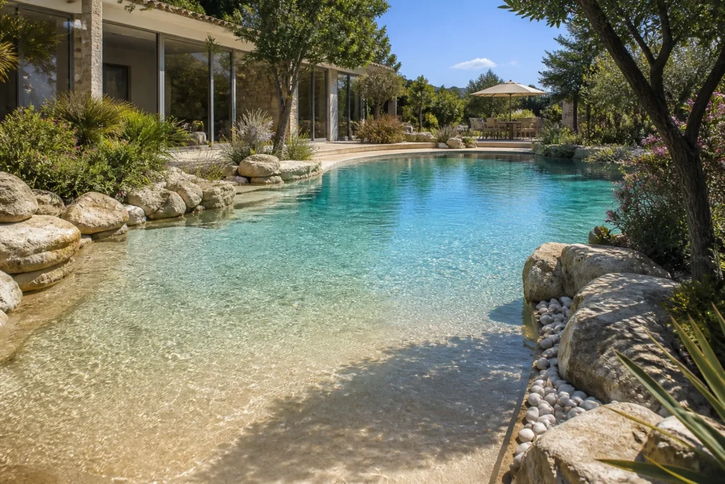 Piscine avec plage immergée effet lagon dans un jardin ensoleillé