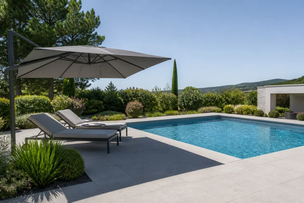 Ombrage piscine avec parasol déporté au bord d’un bassin contemporain