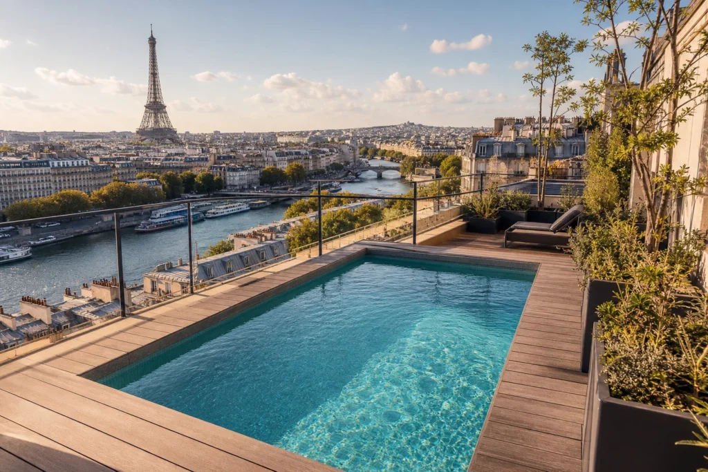 Piscine sur toit-terrasse avec vue sur la Seine et la tour Eiffel à Paris