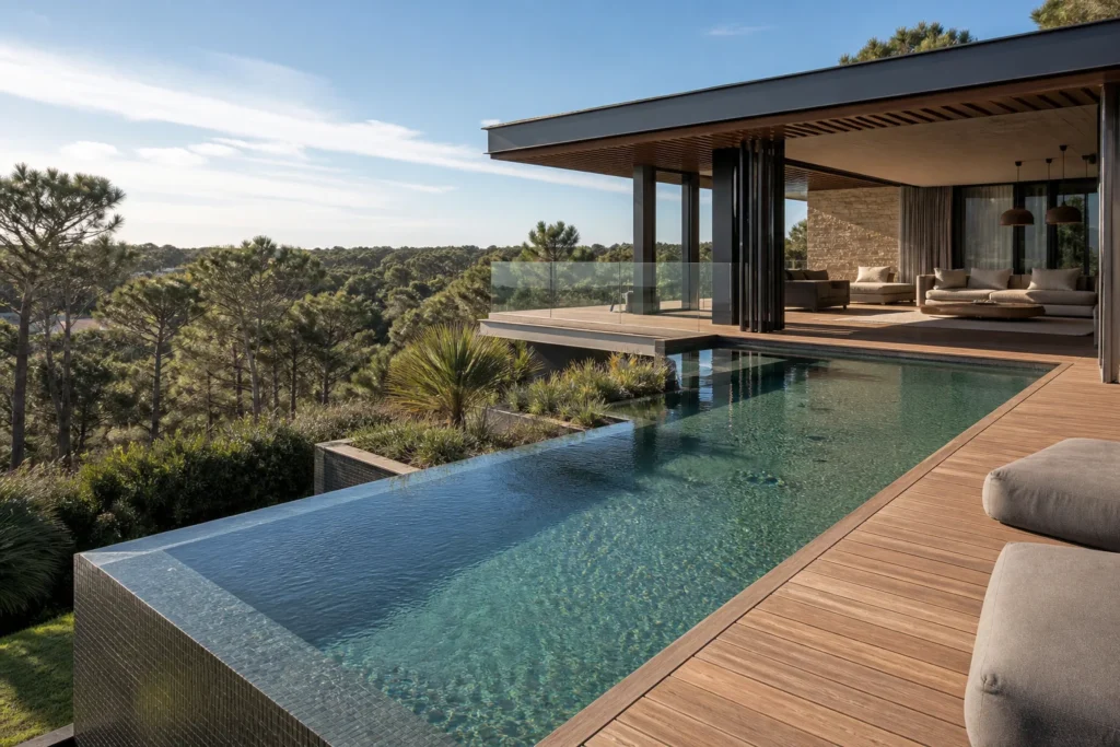 Rénovation piscine avec bassin à débordement en L intégré à une maison sur terrain en pente