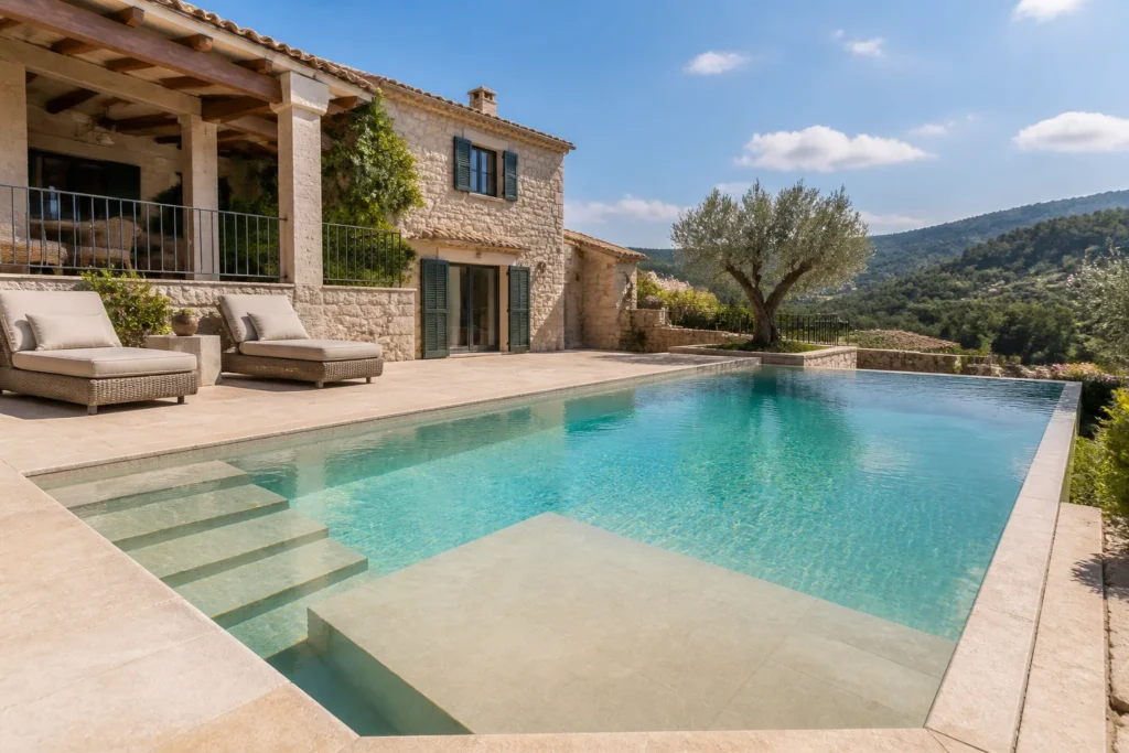Piscine rénovée en grès cérame avec banquette immergée et cinq marches