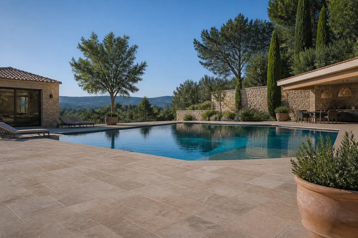 Le carrelage en grès cérame harmonise le bassin avec la maison et le paysage