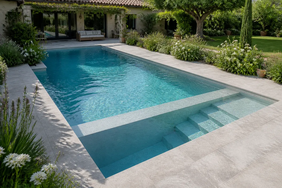 La banquette immergée et les cinq marches renforcent le confort de baignade