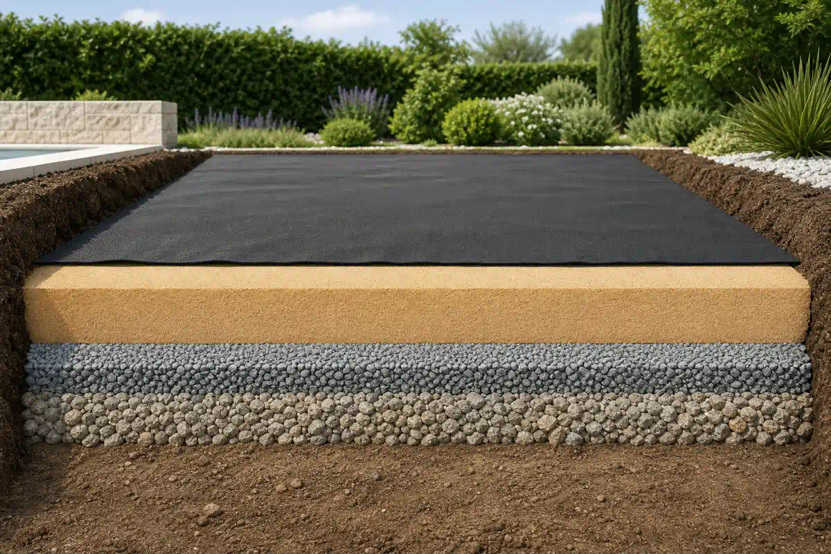Schéma des étapes du nivellement du sol avec lit de sable pour garantir une base parfaitement plane.