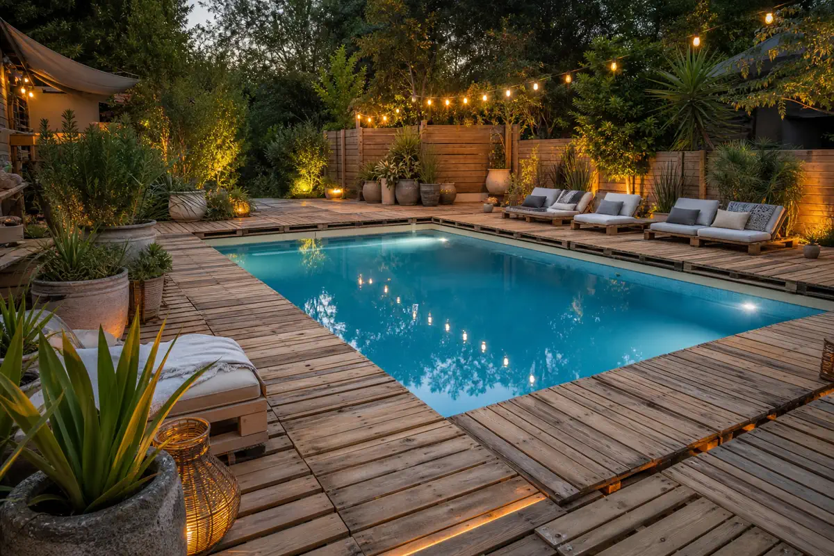 Habiller le pourtour avec du bois de récupération et des lampes solaires génère une atmosphère relaxante à petit prix.