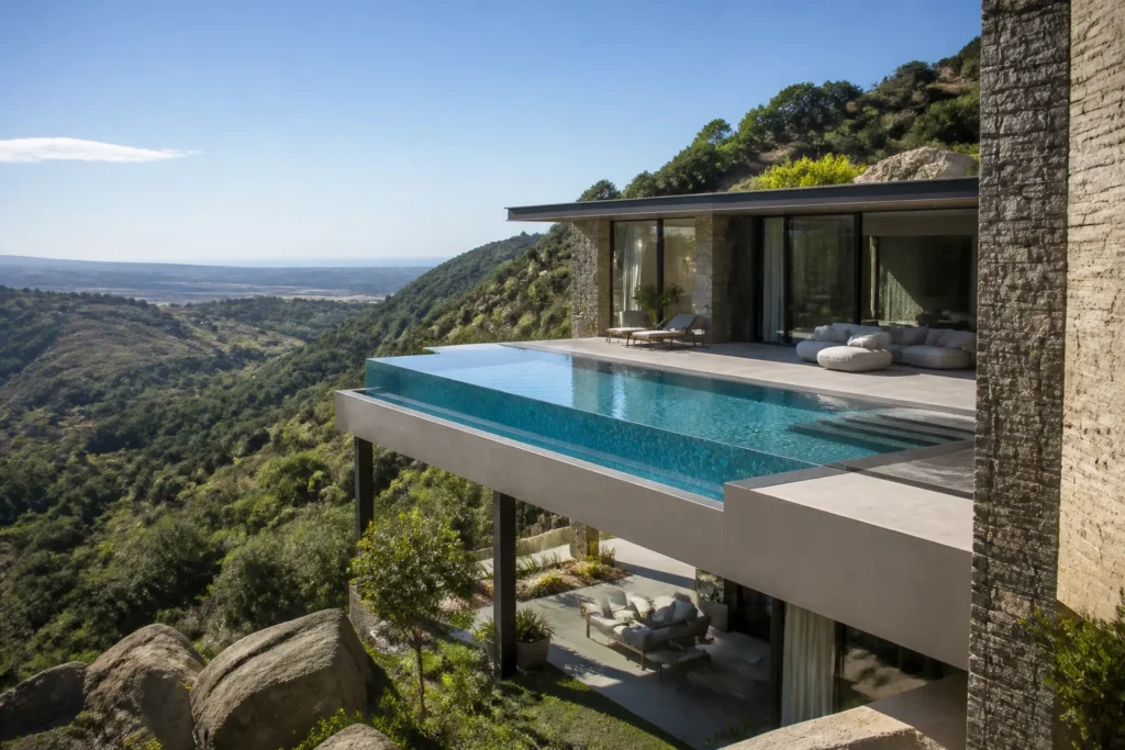 Piscine sur-mesure installée au deuxième étage d’une villa contemporaine avec vue sur les collines