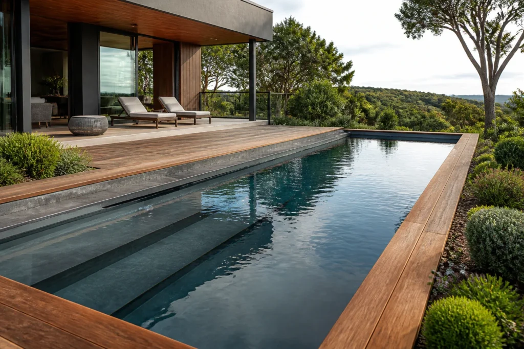 Piscine moderne outdoor rectangulaire aux lignes épurées, bordée de bois exotique devant une maison d’architecte