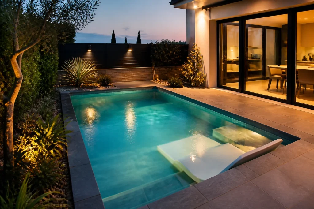 Mini piscine design de moins de 10 m² intégrée dans un petit jardin contemporain