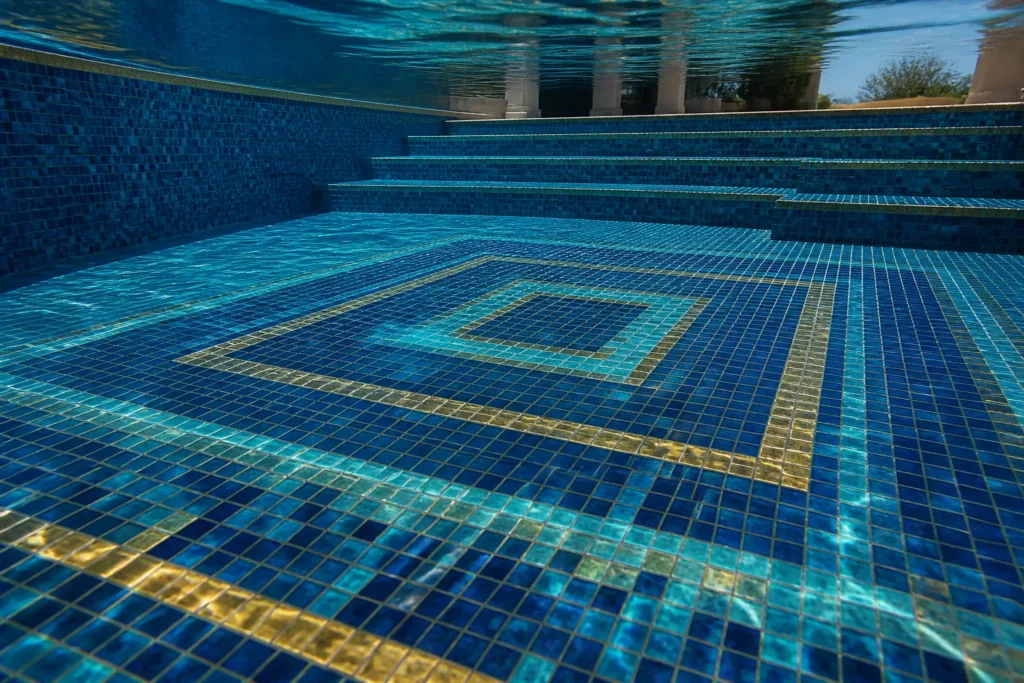 Piscine contemporaine avec revêtement mosaïque aux motifs géométriques bleus et dorés