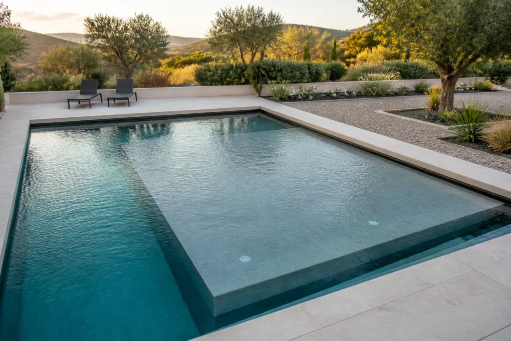 Piscine à fond mobile avec profondeur réglable dans un jardin paysager