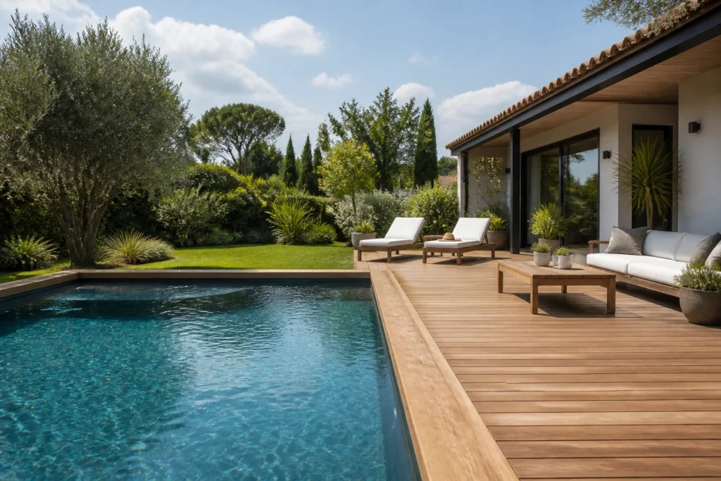 Piscine entourée d’une plage et d’une margelle en bois dans un jardin