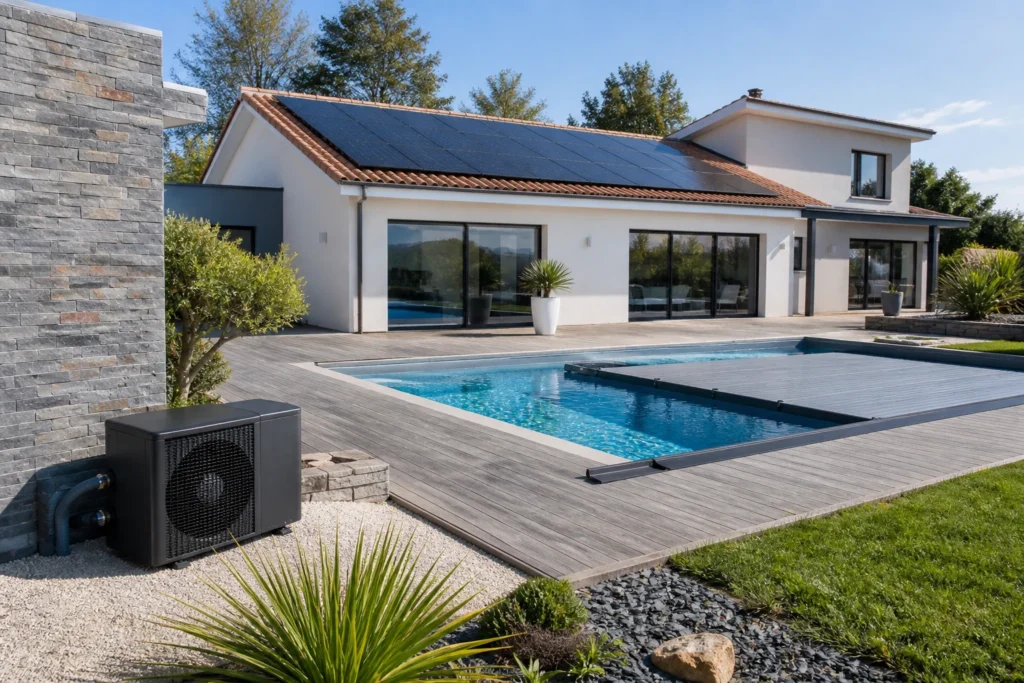 Piscine écoresponsable équipée d’une pompe à chaleur solaire et de panneaux photovoltaïques