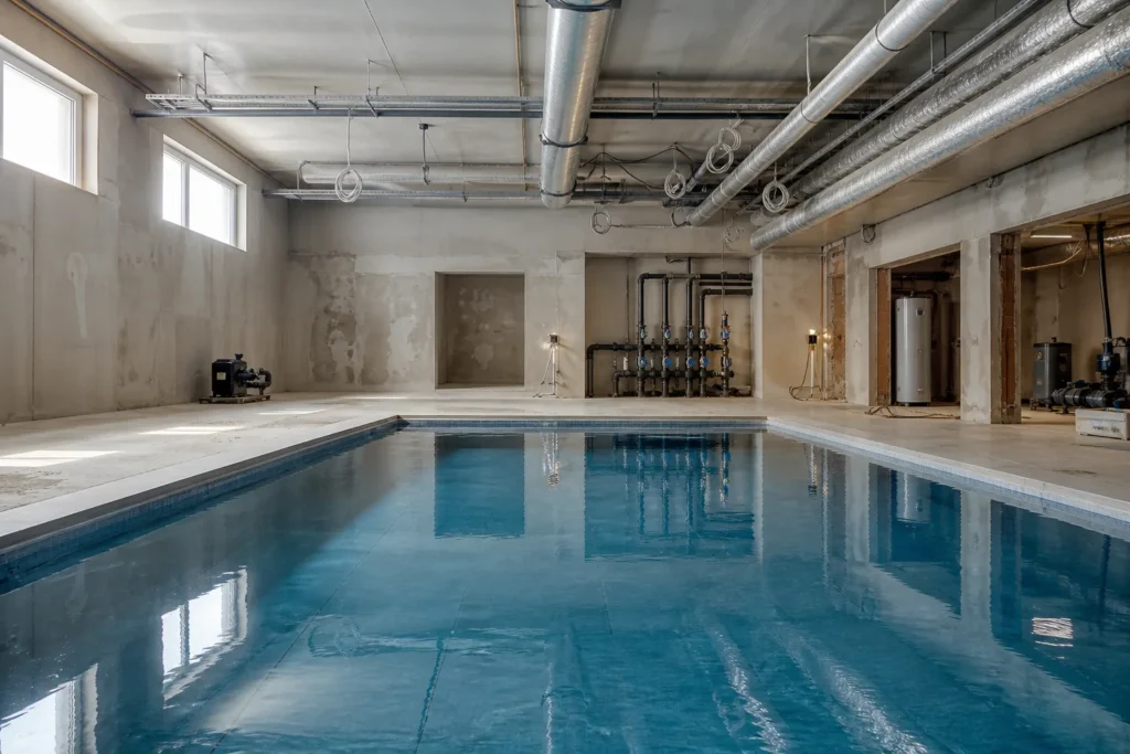 Piscine intérieure en cours d’aménagement pour illustrer le prix d’une piscine intérieure
