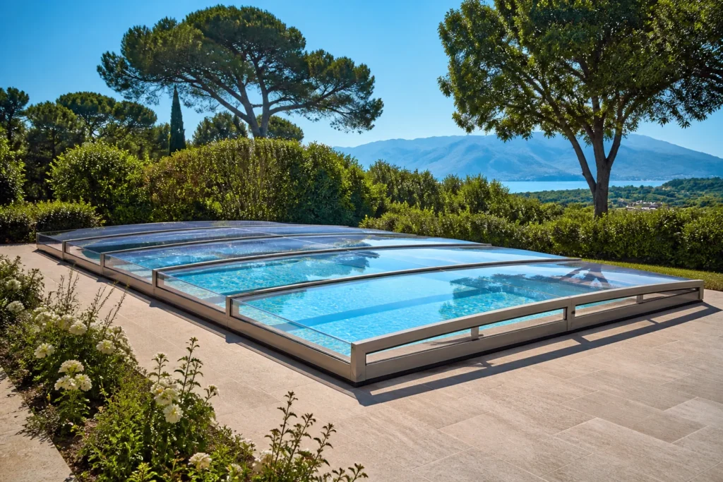 Abri de piscine bas et plat intégré discrètement aux abords du bassin