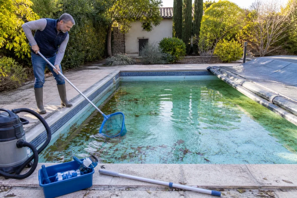 Remise en route de la piscine après un hivernage passif avec retrait de la couverture et nettoyage du bassin