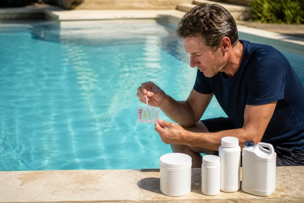 Propriétaire analysant l’eau d’une piscine avant de choisir un traitement piscine sans chlore