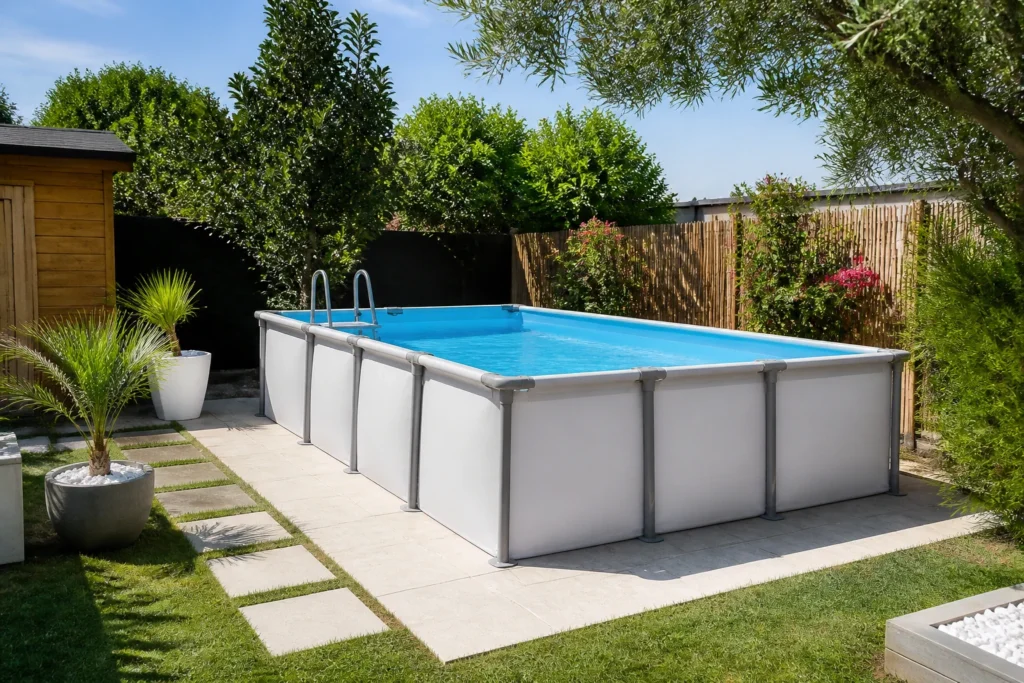 Piscine hors sol installée sur une dalle dans un petit jardin