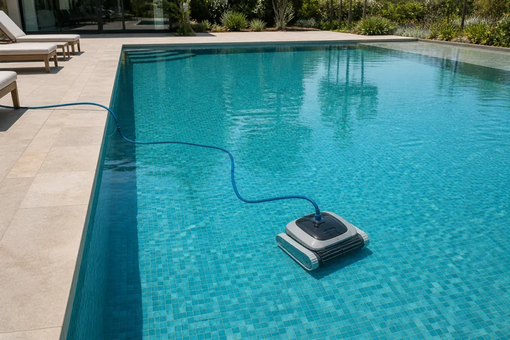Robot de piscine électrique autonome en train de nettoyer le fond d’un bassin