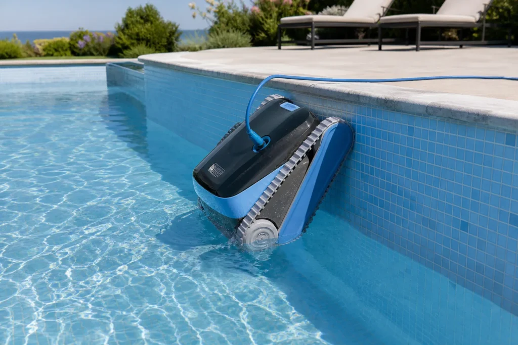 Robot piscine électrique nettoyant le fond et la paroi d’un bassin