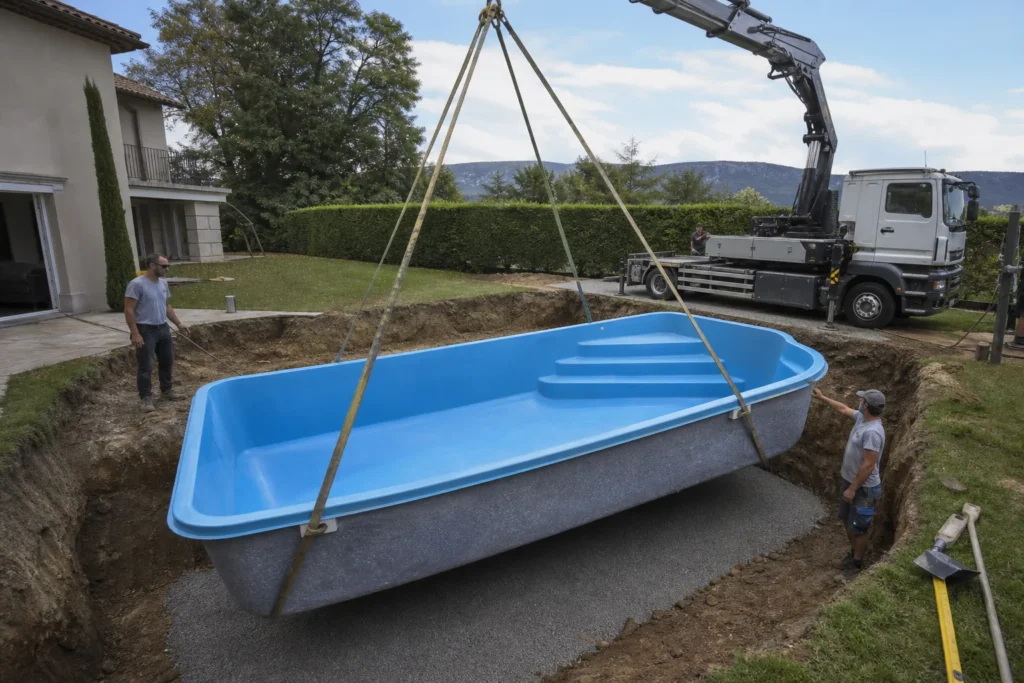 Pose d’une piscine monocoque préfabriquée dans une excavation à l’aide d’une grue