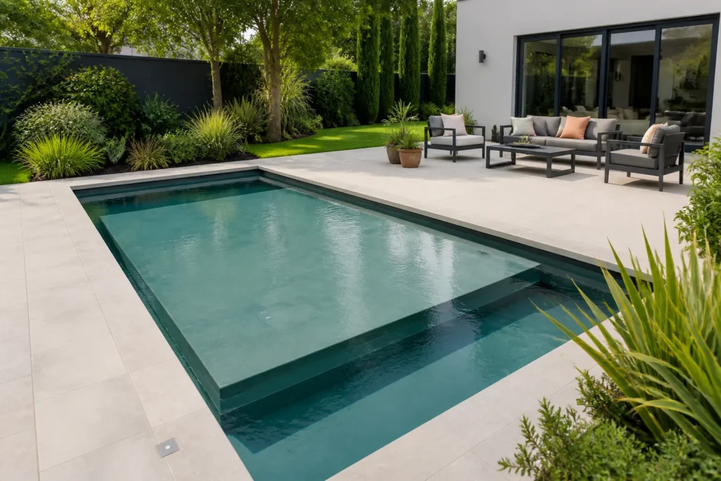 Piscine à fond mobile transformable en terrasse dans un petit jardin