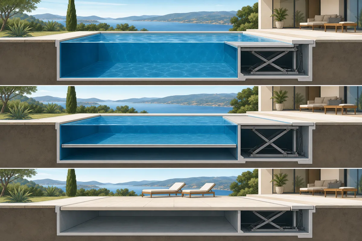 Le plateau automatisé adapte la profondeur du bassin et peut le recouvrir.