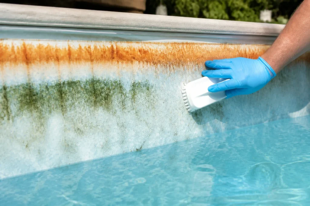 Taches de piscine vertes, brunes et noires sur le revêtement du bassin