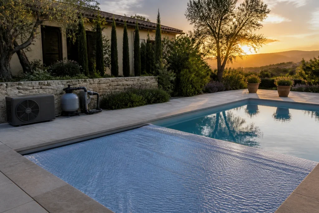 Piscine résidentielle équipée d’une couverture et d’un système de filtration pour limiter son impact carbone