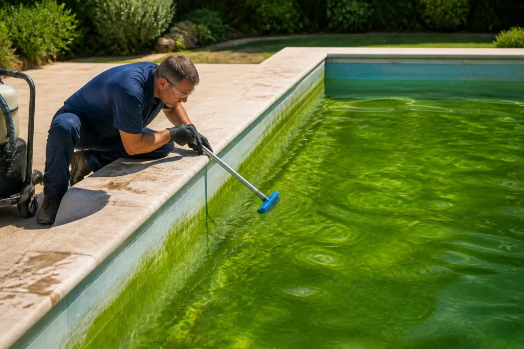 Nettoyage d’une piscine verte pour éliminer les algues avant le traitement de l’eau