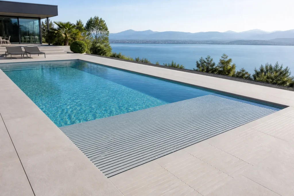 Volet immergé intégré discrètement au bord d’une piscine