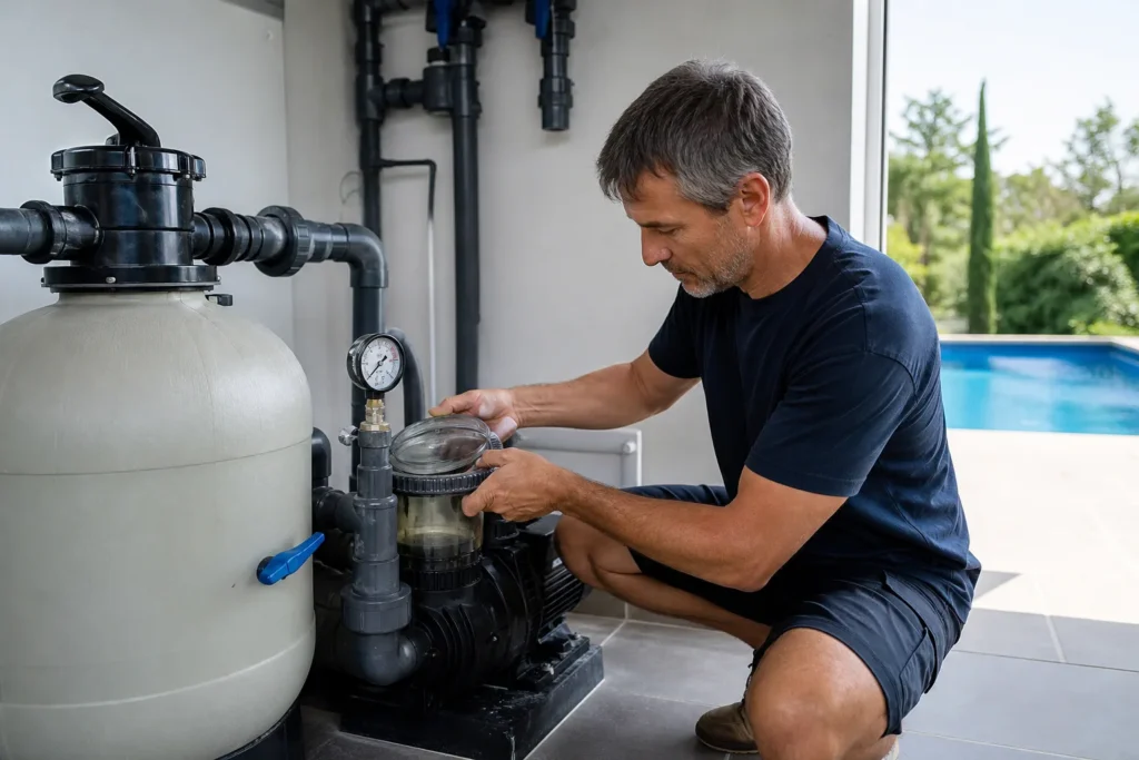 Inspection du système de filtration de piscine avant sa remise en route
