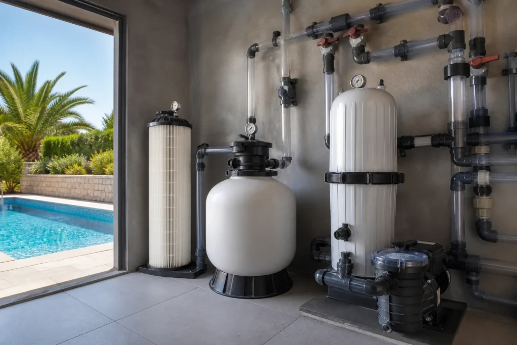 Comparaison de trois filtres de piscine dans un local technique