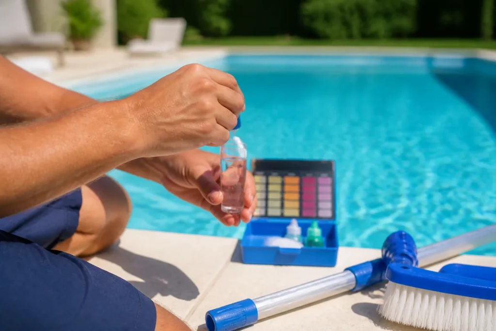 Mesure du pH de l’eau de la piscine avec un test d’analyse