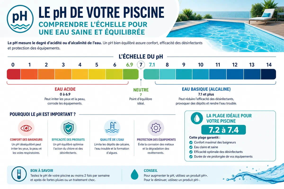 Les principales valeurs de l’échelle du pH pour l’eau de piscine.