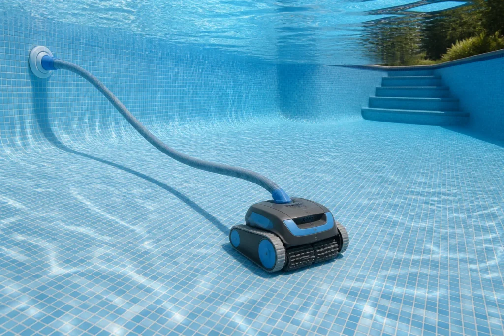 Robot piscine hydraulique nettoyant le fond d’un bassin avec son tuyau d’aspiration