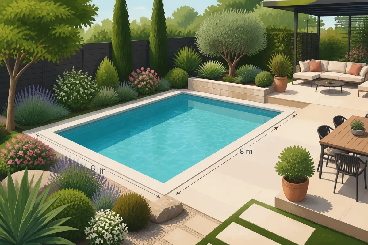Une piscine compacte de 8 x 4 m harmonieusement intégrée au jardin.