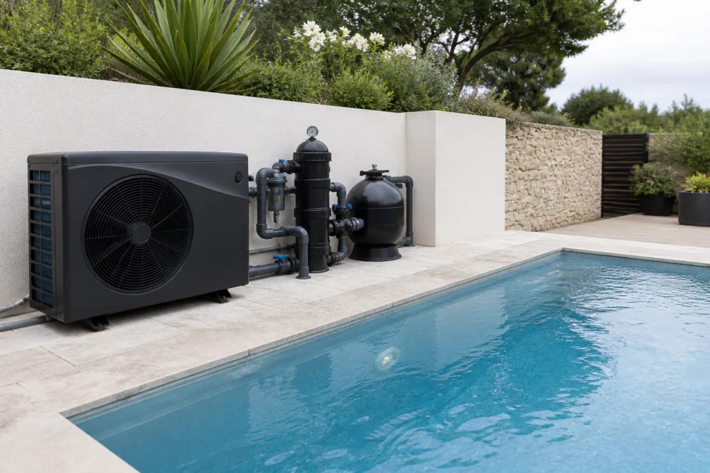 Pompe à chaleur piscine installée près d’un bassin extérieur