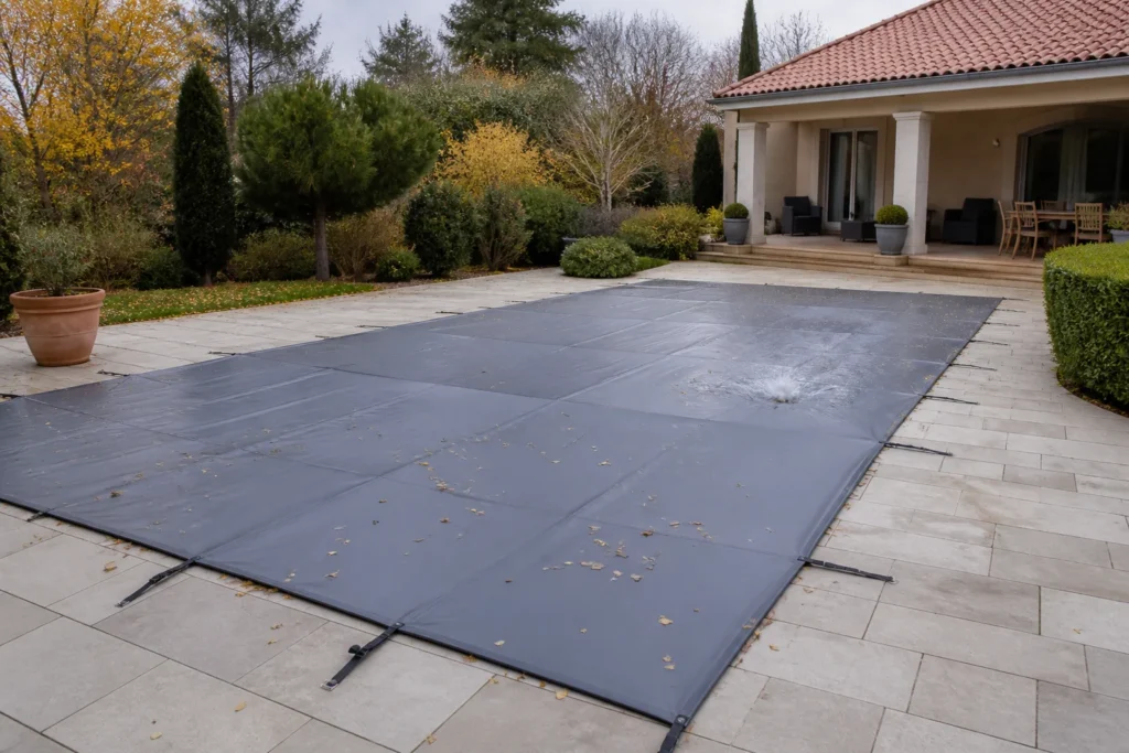 Piscine protégée par une couverture opaque en hivernage actif