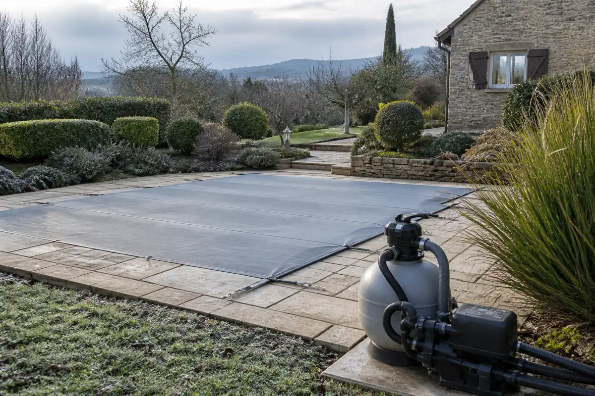 Une piscine protégée par une couverture opaque pendant l’hiver