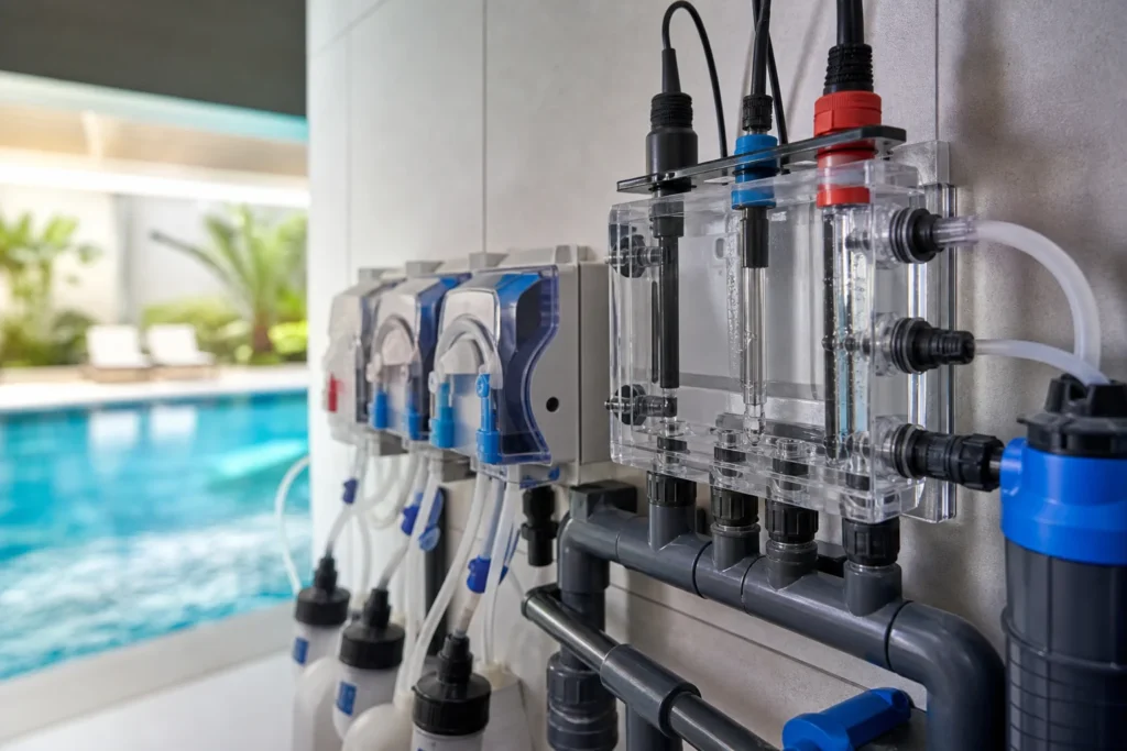 Sondes et pompes d’un système automatisé d’analyse de l’eau de piscine