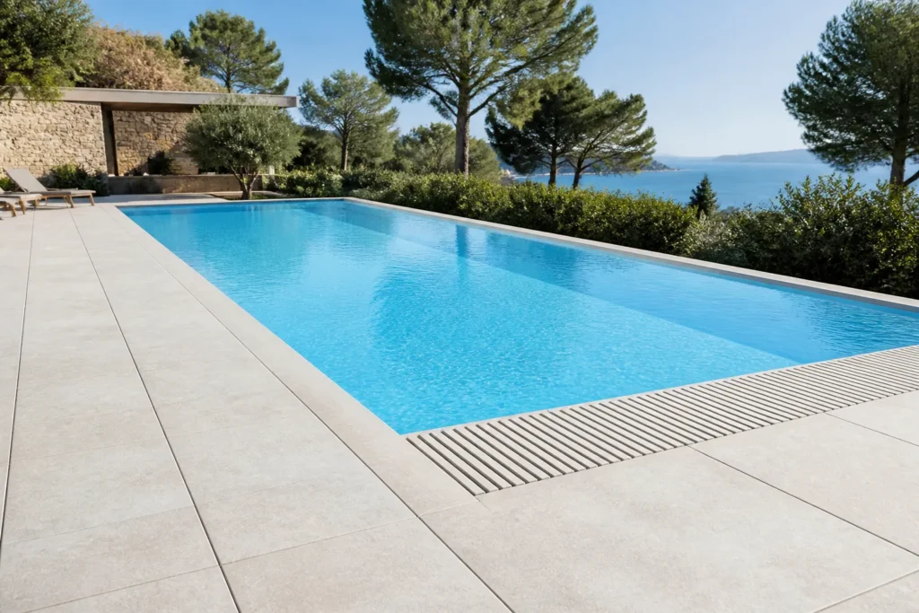 Piscine avec volet immergé discrètement intégré sous un caillebotis
