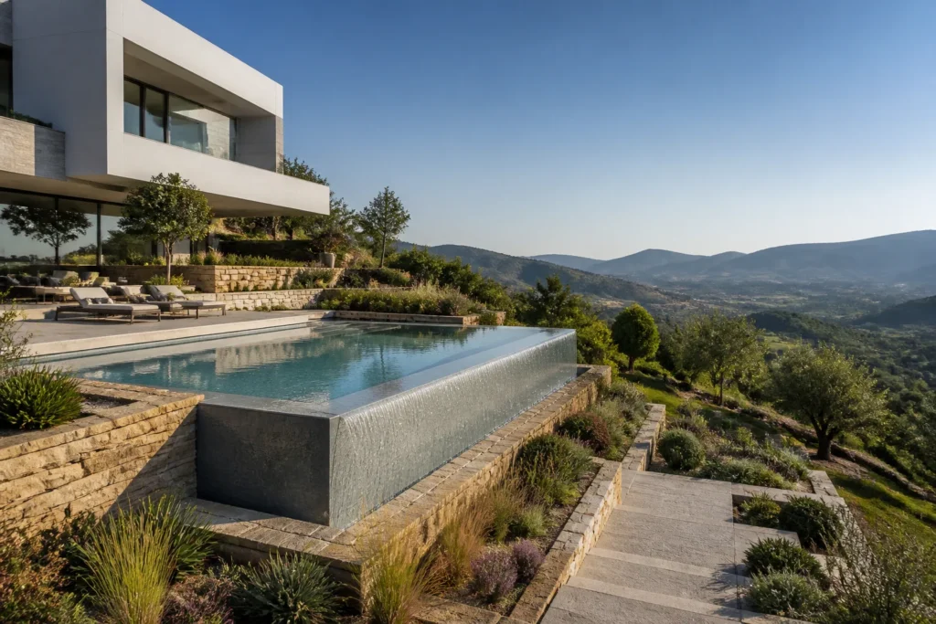Piscine cubique à débordement en angle intégrée à une maison contemporaine sur un terrain en pente