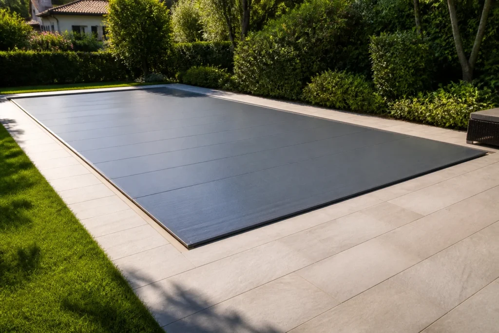 Piscine entièrement protégée par une couverture de piscine