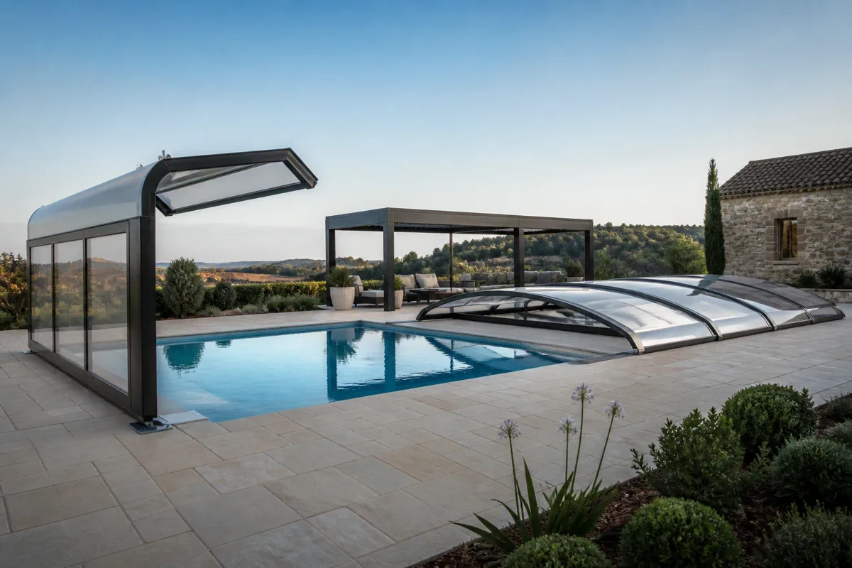 Abri haut Vénus terrasse mobile Stylis Duo et abri télescopique Néo30