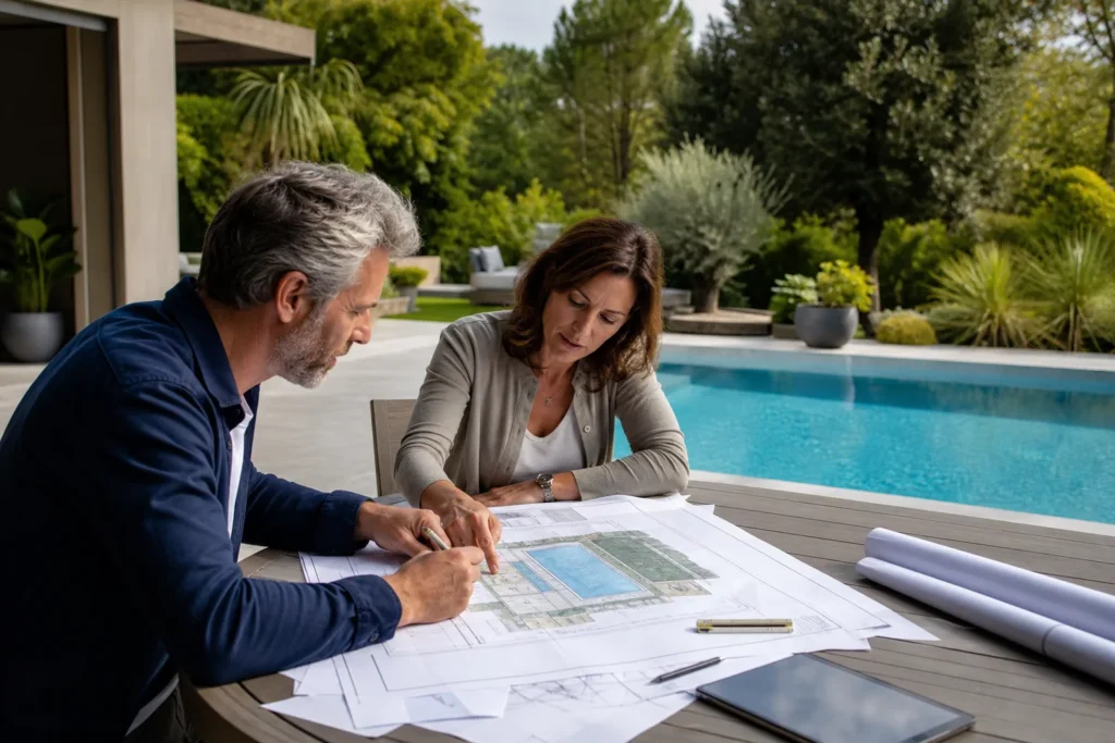 Projet de piscine avec plans et vérification des formalités piscine dans un jardin